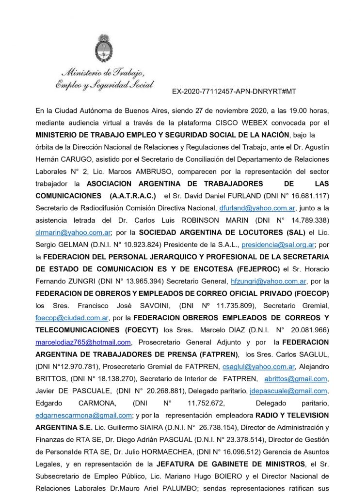 Compañeras, compañeros, transcribimos el acta de la reunión en el Ministerio de Trabajo: